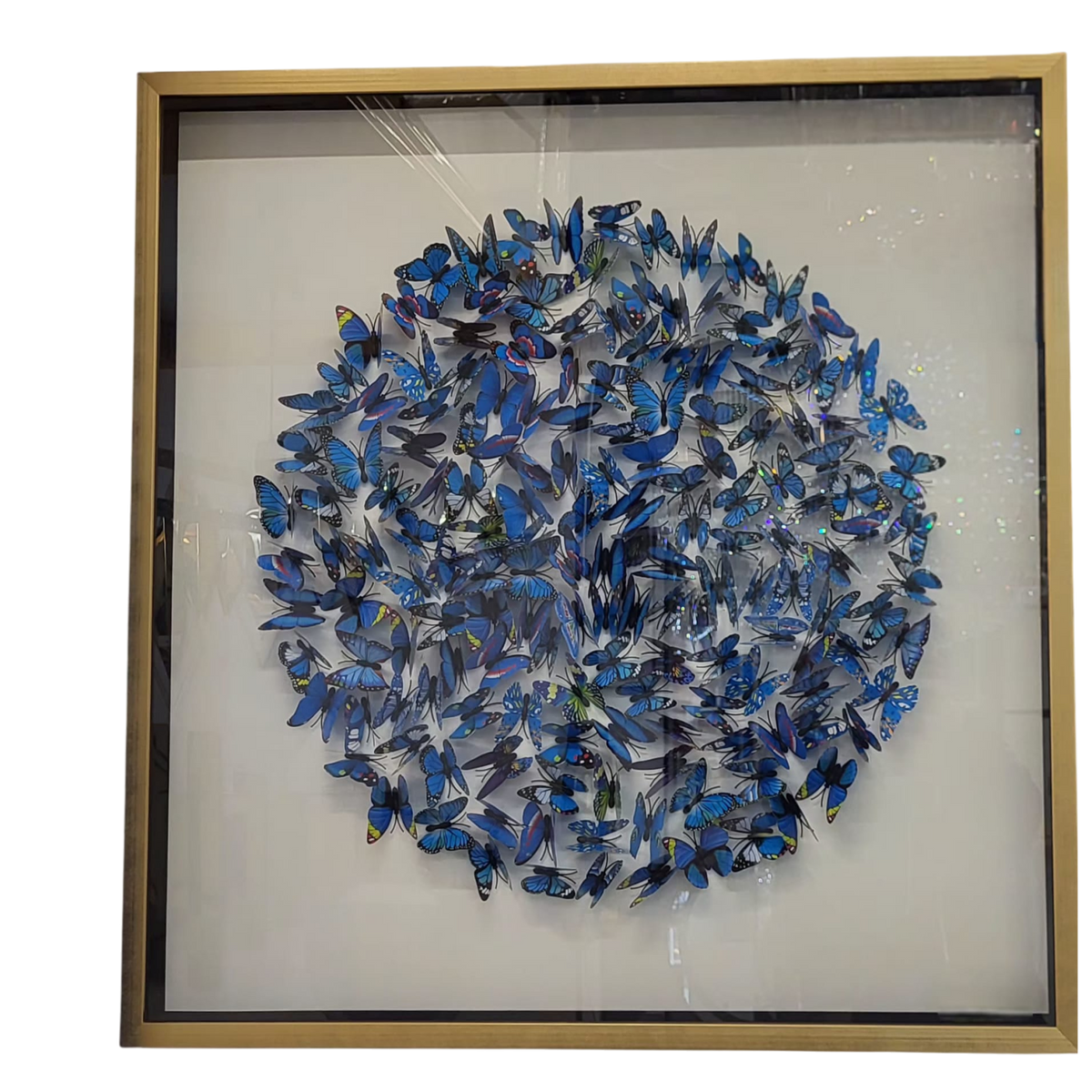 Tablou decorativ 3D Fluturi 218109 C – sticlă și ramă aurie, compoziție circulară, multistrat, 80x80 cm