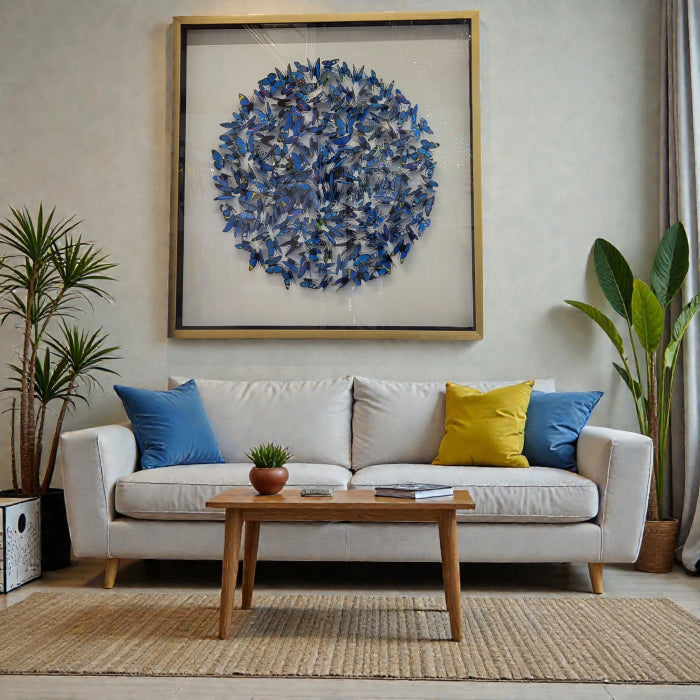 Tablou decorativ 3D Fluturi 218109 C – sticlă și ramă aurie, compoziție circulară, multistrat, 80x80 cm