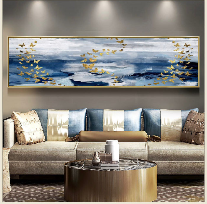 Tablou decorativ 40x150 cm – Fluturi aurii deasupra mării, ramă aurie