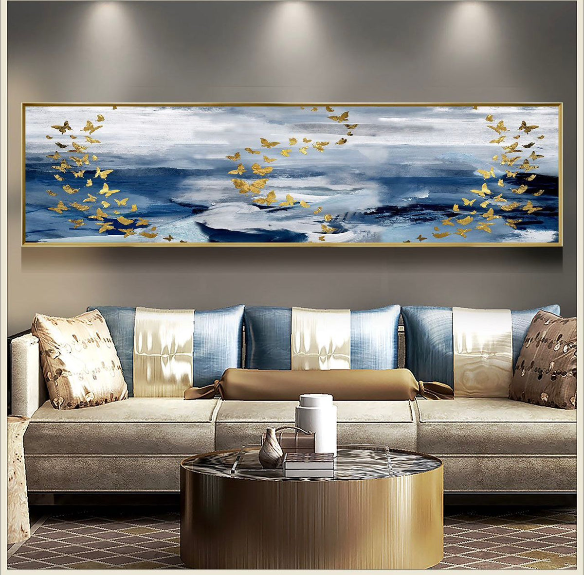 Tablou decorativ 40x150 cm – Fluturi aurii deasupra mării, ramă aurie