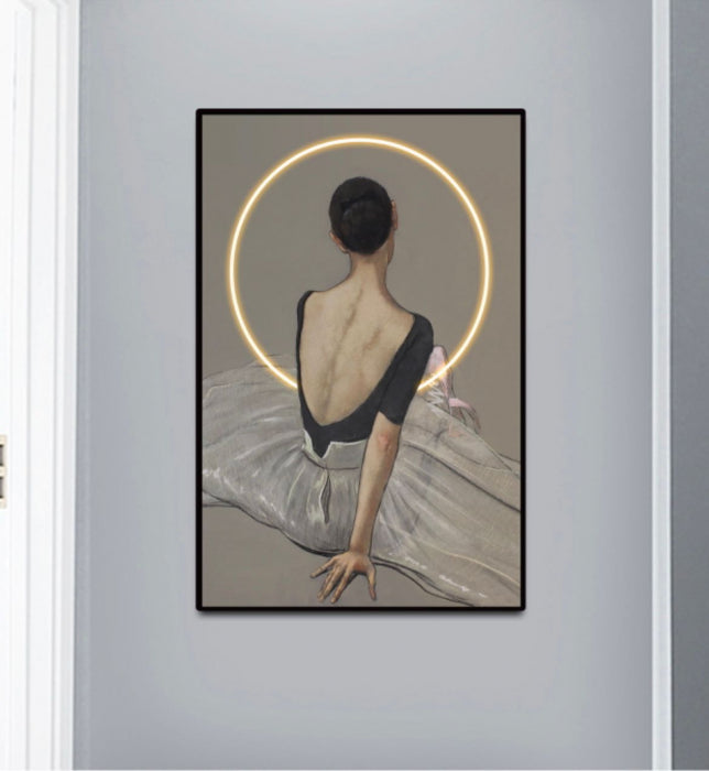 Tablou LED 80x120 cm – Balerină cu aură luminoasă, ramă neagră