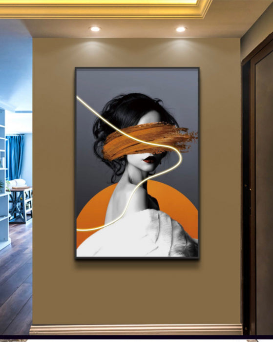 Tablou LED 80x120 cm – Portret feminin artistic, ramă neagră