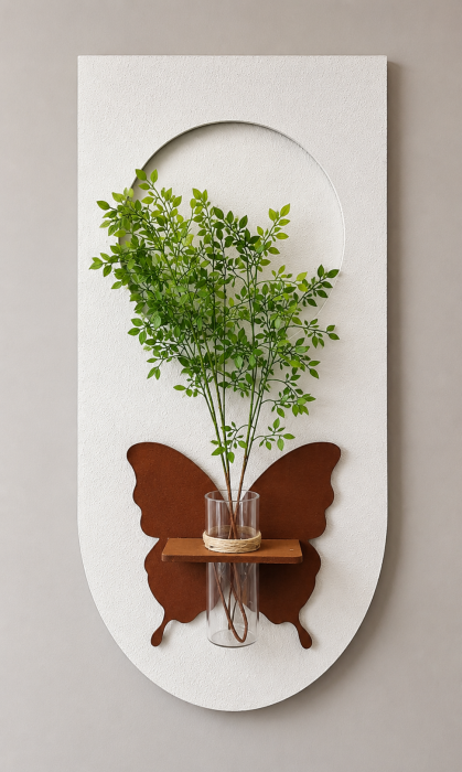 Tablou LED Fluture cu Vază, lemn alb, iluminare caldă și elemente decorative botanice