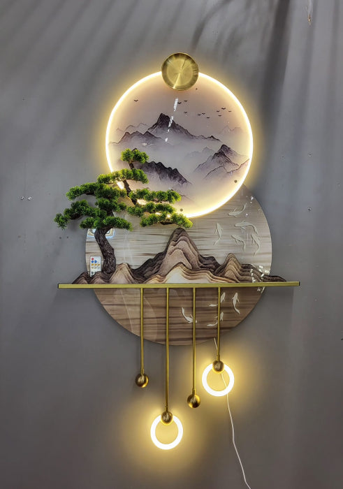 Tablou LED „Insula”, decor 3D cu bonsai, metal auriu și iluminare ambientală