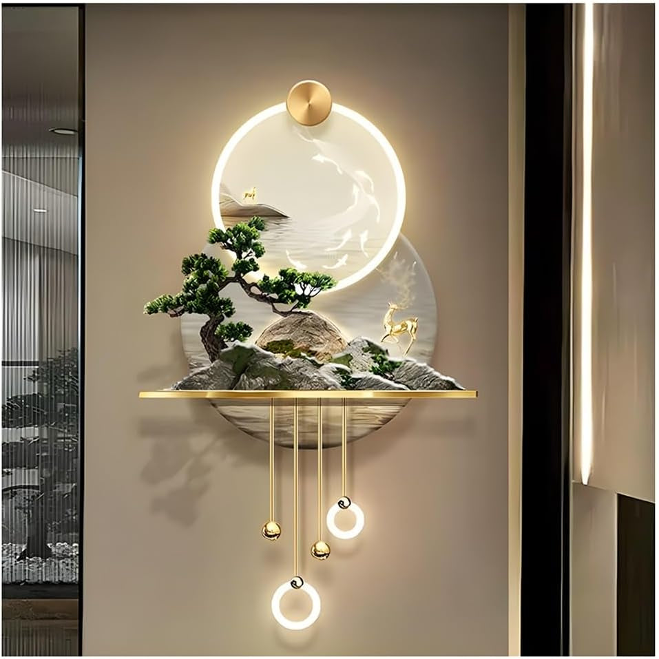 Tablou LED „Insula”, decor 3D cu bonsai, metal auriu și iluminare ambientală
