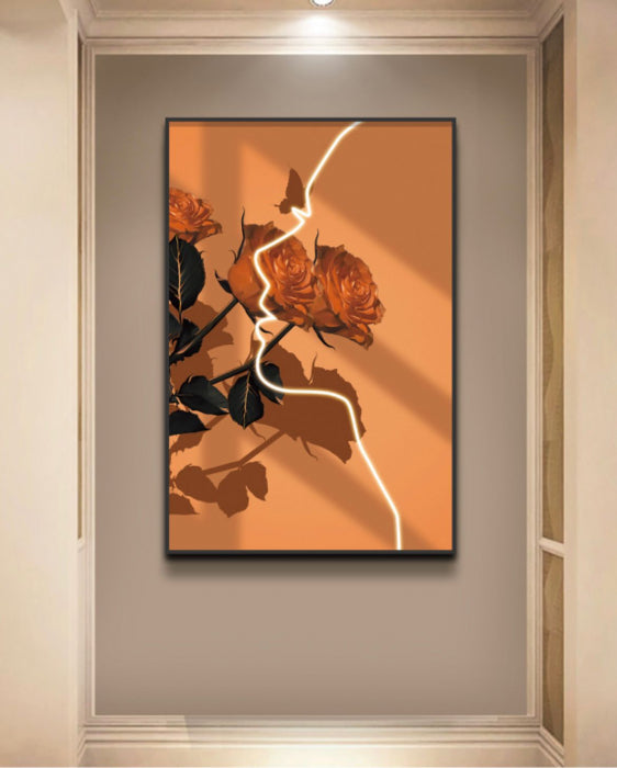 Tablou LED 80x120 cm – Profil feminin cu trandafiri portocalii, ramă neagră