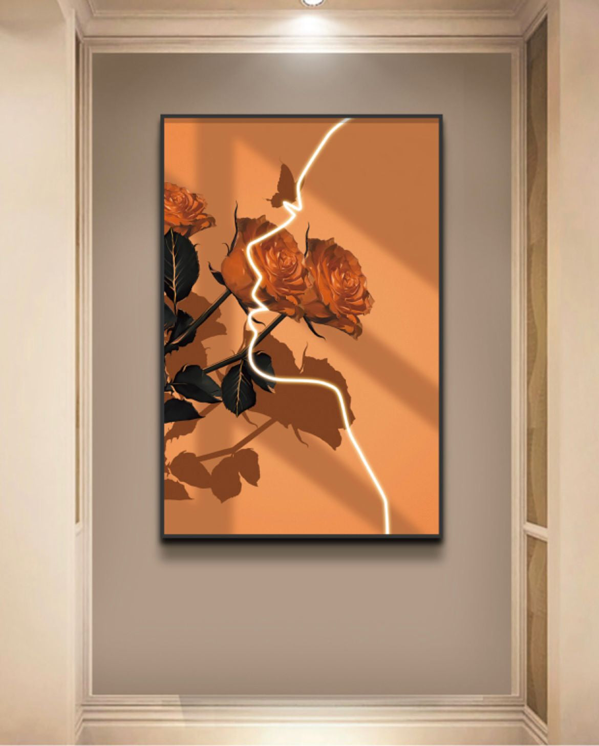 Tablou LED 80x120 cm – Profil feminin cu trandafiri portocalii, ramă neagră