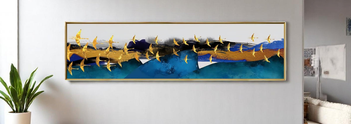 Tablou decorativ 40x150 cm – Zbor de păsări aurii, ramă aurie