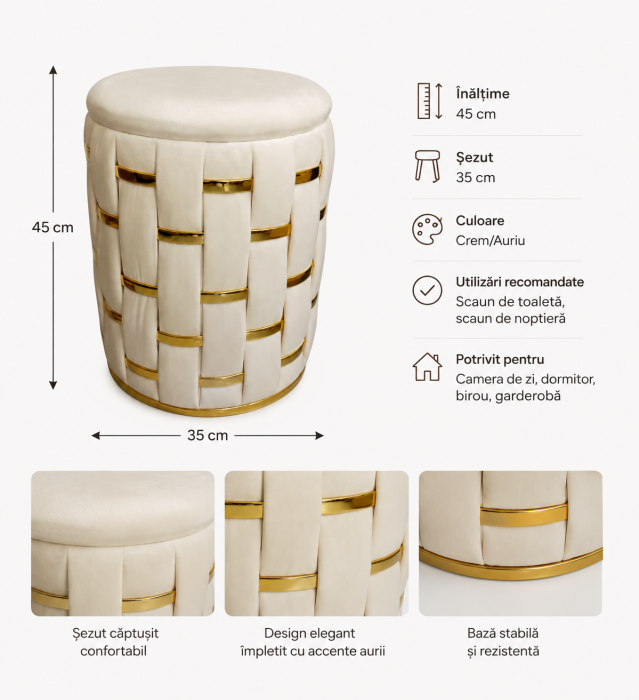 Taburet ZW 026177 crem și auriu, 45 cm, design elegant și versatil