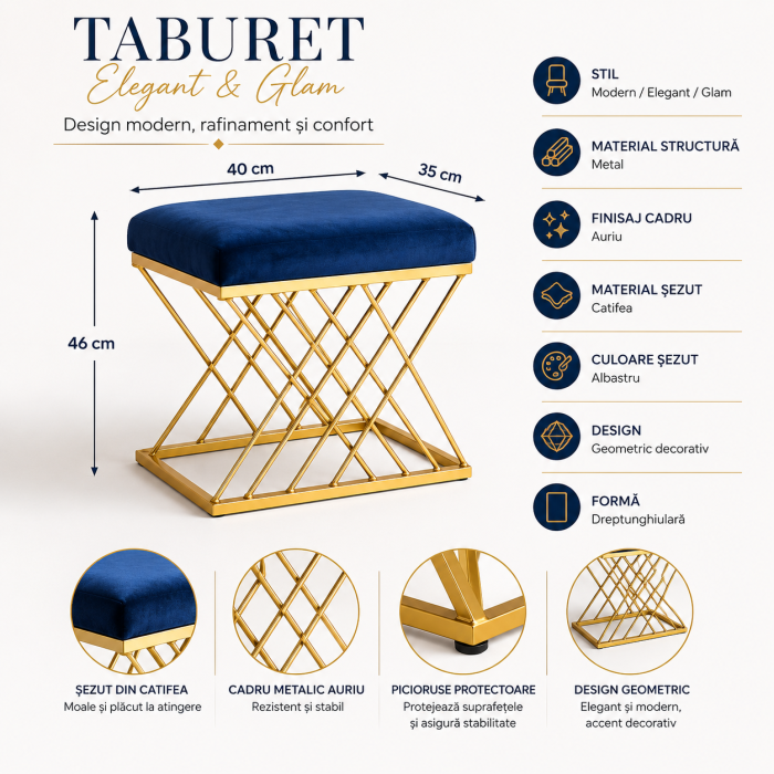 Taburet ZW025-100 S Catifea Albastră și Metal Auriu, Design Geometric Modern, 40x35x46 cm