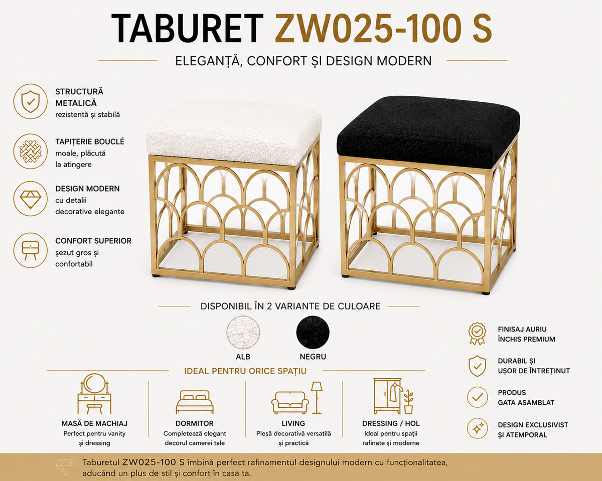 Taburet ZW025-100 S din Metal Auriu și Tapițerie Bouclé Albă sau Neagră