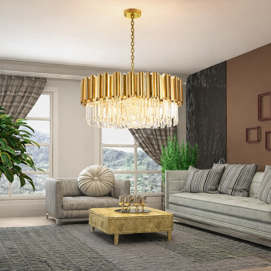 Candelabru auriu din metal și cristal, 40 cm