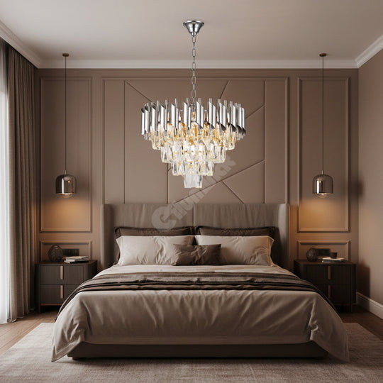 Candelabru din cristal și metal cromat, Ø40 cm, 7xE14, înălțime reglabilă